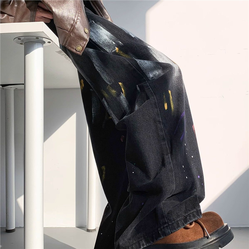 Vyrų aukšto juosmens tiesaus kirpimo džinsai su graffiti spauda, poliesteris, ilgos kelnės paaugliams