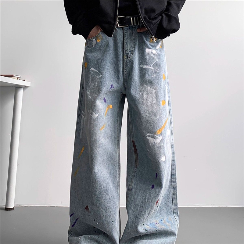 Vyrų aukšto juosmens tiesaus kirpimo džinsai su graffiti spauda, poliesteris, ilgos kelnės paaugliams