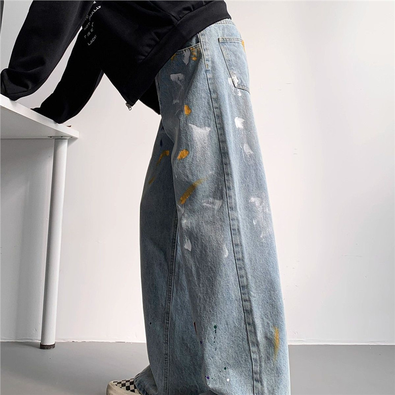 Vyrų aukšto juosmens tiesaus kirpimo džinsai su graffiti spauda, poliesteris, ilgos kelnės paaugliams