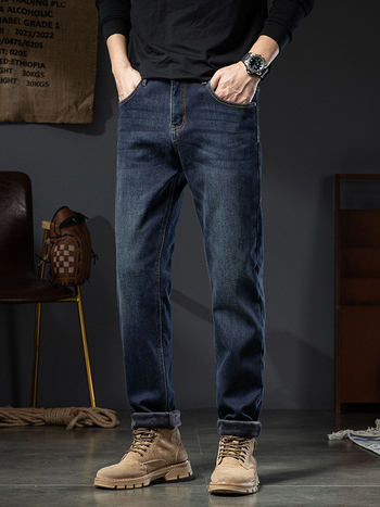 Дънки за мъже със slim-права кройка, деним с 89% памук, подплатени с флис, средна талия, цип