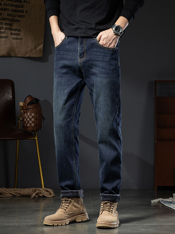 Дънки за мъже със slim-права кройка, деним с 89% памук, подплатени с флис, средна талия, цип