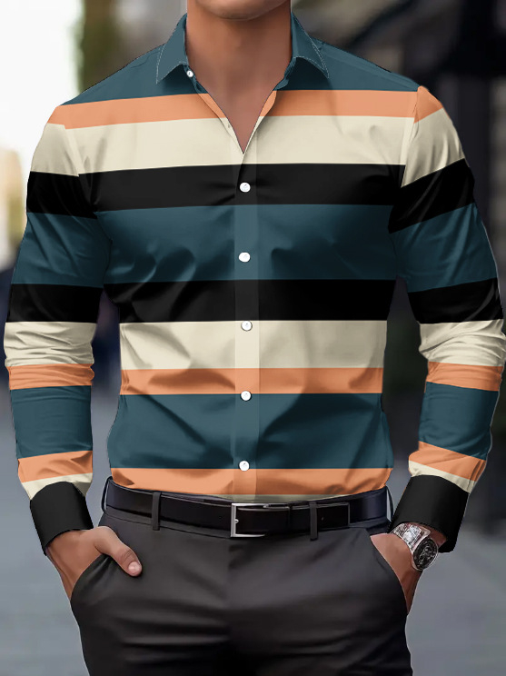 Cămașă bărbătească cu mânecă lungă, dungată, guler rever, primăvară–toamnă, stil casual-business