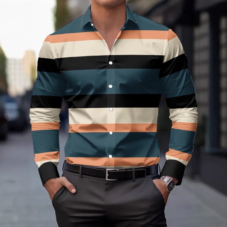 Cămașă bărbătească cu mânecă lungă, dungată, guler rever, primăvară–toamnă, stil casual-business