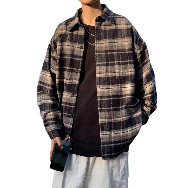 Košulasto-jakna s kariranim uzorkom, korejski stil, dugi rukav, rever ovratnik