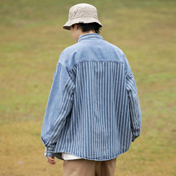 Denim stil patchwork košulja-jakna s prugastim uzorkom, slobodan kroj, ovratnik, dugi rukavi, za proljeće i jesen