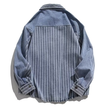 Denim stil patchwork košulja-jakna s prugastim uzorkom, slobodan kroj, ovratnik, dugi rukavi, za proljeće i jesen