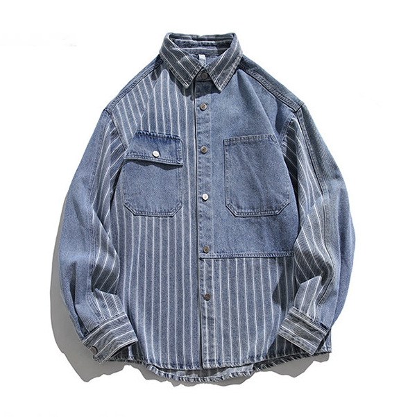 Denim stil patchwork košulja-jakna s prugastim uzorkom, slobodan kroj, ovratnik, dugi rukavi, za proljeće i jesen
