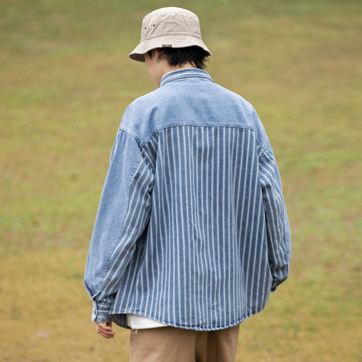 Denim stil patchwork košulja-jakna s prugastim uzorkom, slobodan kroj, ovratnik, dugi rukavi, za proljeće i jesen