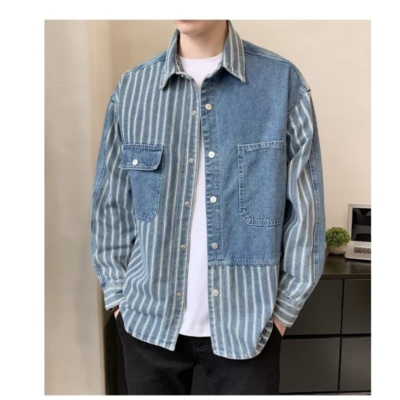 Denim stil patchwork košulja-jakna s prugastim uzorkom, slobodan kroj, ovratnik, dugi rukavi, za proljeće i jesen