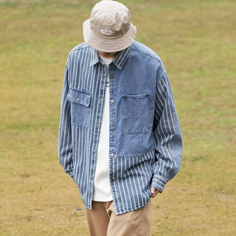 Denim stil patchwork košulja-jakna s prugastim uzorkom, slobodan kroj, ovratnik, dugi rukavi, za proljeće i jesen