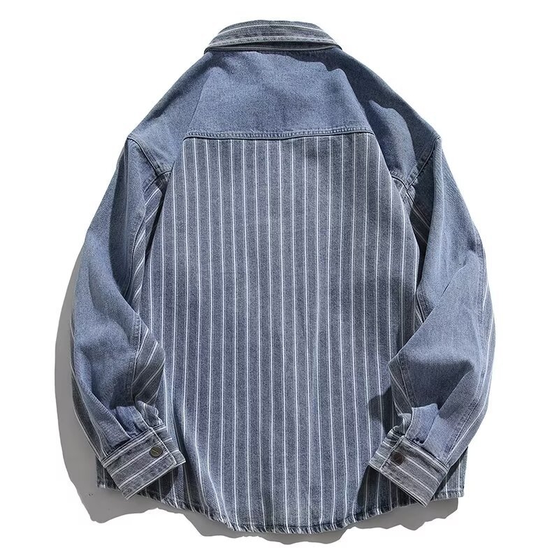 Denim stil patchwork košulja-jakna s prugastim uzorkom, slobodan kroj, ovratnik, dugi rukavi, za proljeće i jesen