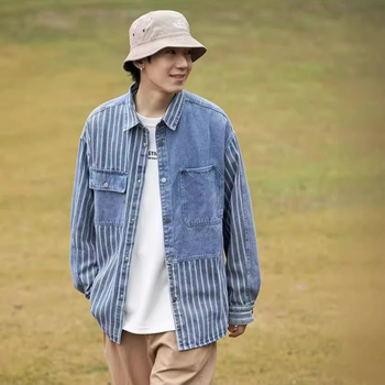 Denim košulja, labav kroj, dugi rukavi, rever ovratnik, hongkonški stil, poliester 60–70%