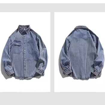 Denim košulja, labav kroj, dugi rukavi, rever ovratnik, hongkonški stil, poliester 60–70%