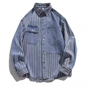 Denim košulja, labav kroj, dugi rukavi, rever ovratnik, hongkonški stil, poliester 60–70%