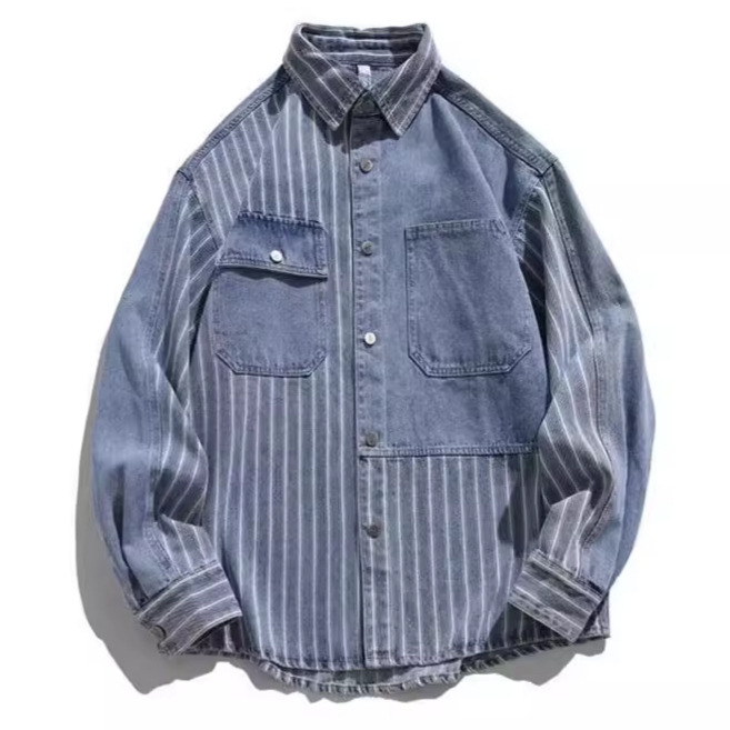 Denim košulja, labav kroj, dugi rukavi, rever ovratnik, hongkonški stil, poliester 60–70%
