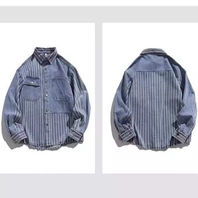 Denim košulja, labav kroj, dugi rukavi, rever ovratnik, hongkonški stil, poliester 60–70%