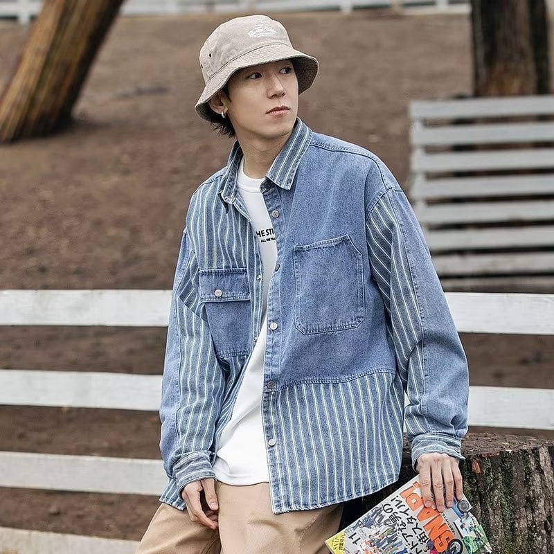 Denim košulja, labav kroj, dugi rukavi, rever ovratnik, hongkonški stil, poliester 60–70%