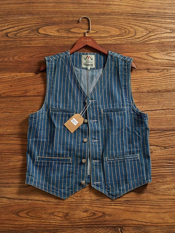 Ανδρικό γιλέκο τζιν με ρίγες, V-λαιμό, πολλές τσέπες, βαμβακερό ύφασμα