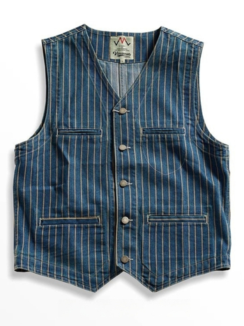 Ανδρικό γιλέκο τζιν με ρίγες, V-λαιμό, πολλές τσέπες, βαμβακερό ύφασμα