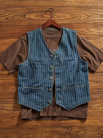 Ανδρικό γιλέκο τζιν με ρίγες, V-λαιμό, πολλές τσέπες, βαμβακερό ύφασμα