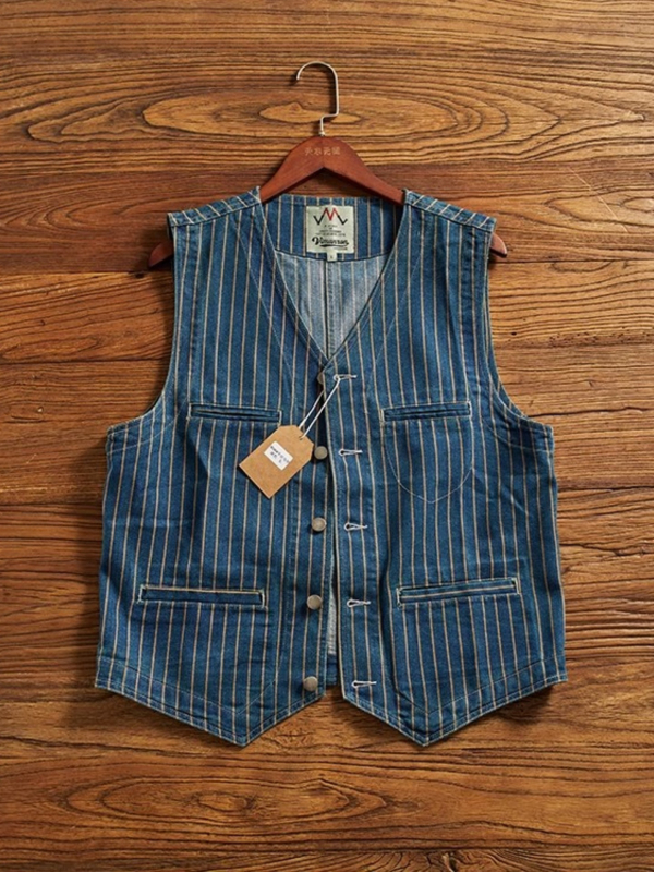 Ανδρικό γιλέκο τζιν με ρίγες, V-λαιμό, πολλές τσέπες, βαμβακερό ύφασμα