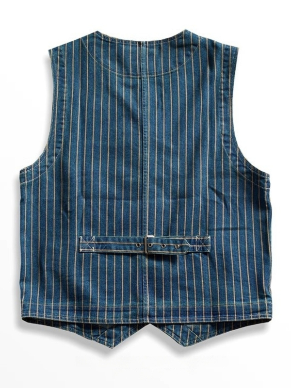 Ανδρικό γιλέκο τζιν με ρίγες, V-λαιμό, πολλές τσέπες, βαμβακερό ύφασμα