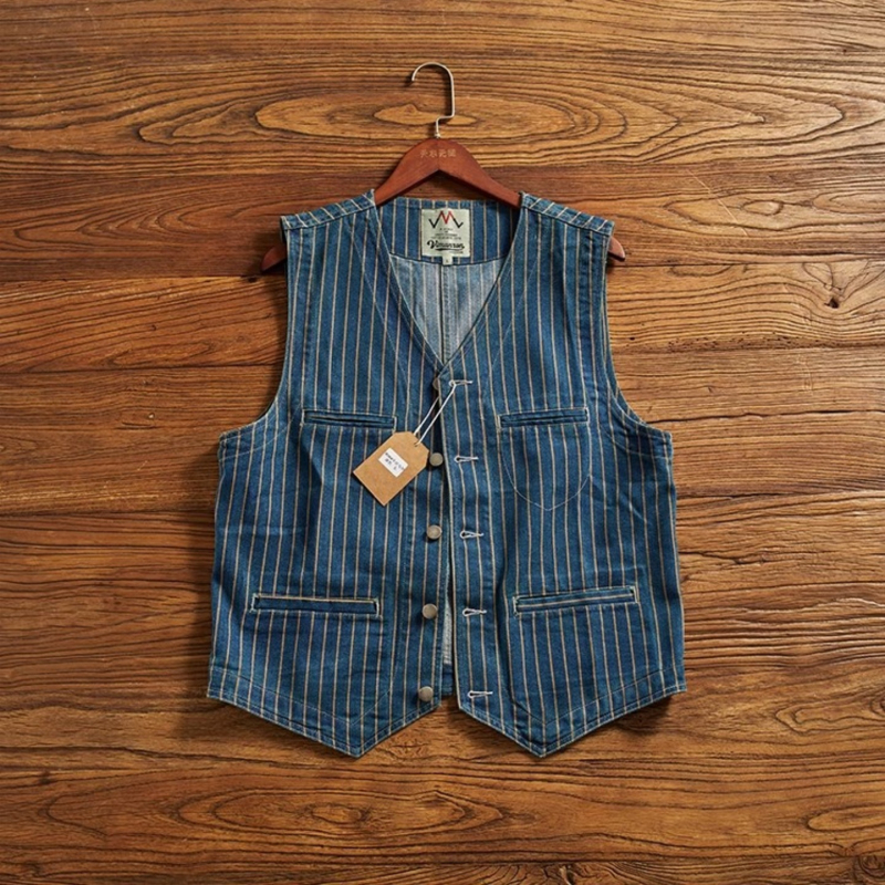 Ανδρικό γιλέκο τζιν με ρίγες, V-λαιμό, πολλές τσέπες, βαμβακερό ύφασμα