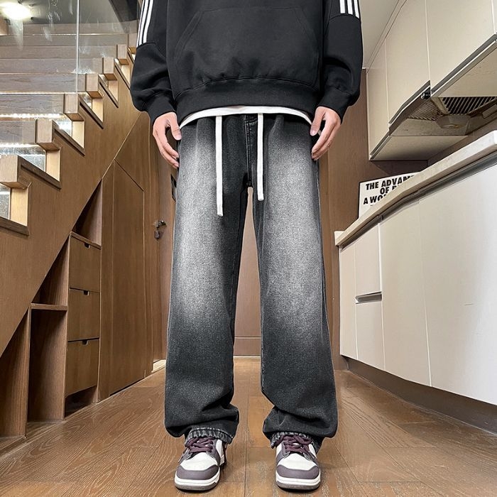 Αντρικά τζιν από ντένιμ με επένδυση φλίς, μέση μεσαίου ύφους, χαλαρή ευθεία γραμμή, καθημερινά παντελόνια