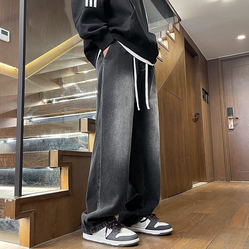 Αντρικά τζιν από ντένιμ με επένδυση φλίς, μέση μεσαίου ύφους, χαλαρή ευθεία γραμμή, καθημερινά παντελόνια