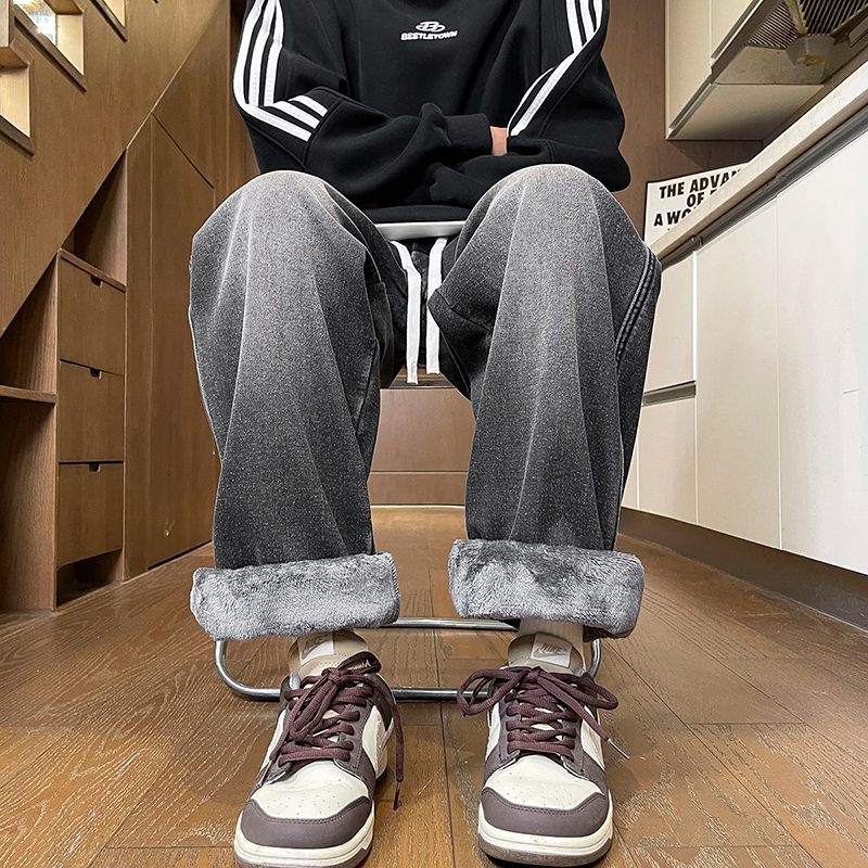 Αντρικά τζιν από ντένιμ με επένδυση φλίς, μέση μεσαίου ύφους, χαλαρή ευθεία γραμμή, καθημερινά παντελόνια