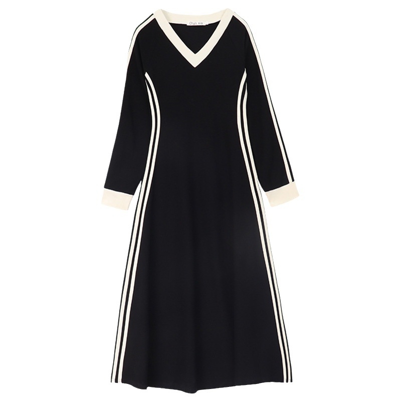 Rochie decolteu în V, mâneci lungi, talie înaltă, croială A-line, poliester