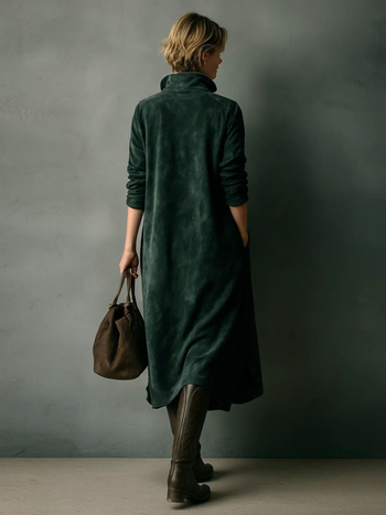 Ženska haljina tip košulja od suede baršuna s patchwork detaljem, dugi rukavi, košulni ovratnik, slobodan struk, srednja duljina