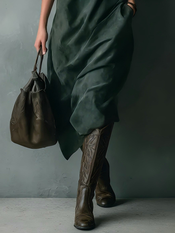 Ženska haljina tip košulja od suede baršuna s patchwork detaljem, dugi rukavi, košulni ovratnik, slobodan struk, srednja duljina