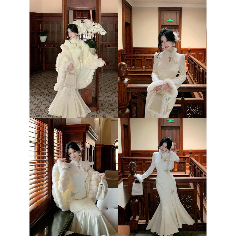 Rochie Lejoni cu siluetă fishtail cheongsam, mâneci lungi, guler ciupercă, țesătură plasă, primăvara 2025