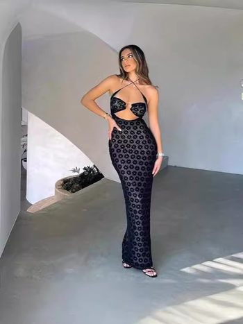 Rochie lungă fără mâneci, guler halter, talie înaltă, imprimată, din poliester-elastan