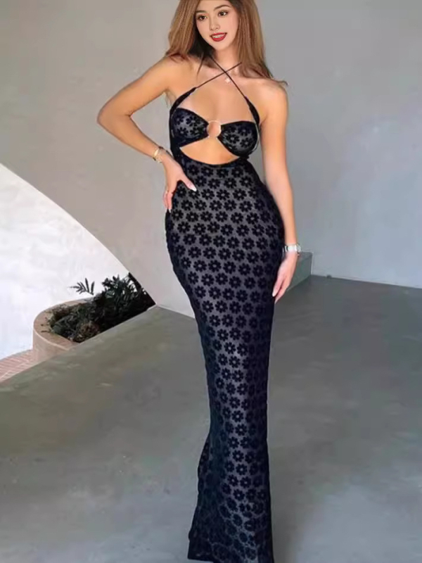Rochie lungă fără mâneci, guler halter, talie înaltă, imprimată, din poliester-elastan