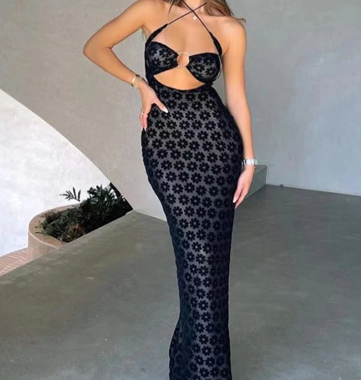 Rochie lungă fără mâneci, guler halter, talie înaltă, imprimată, din poliester-elastan