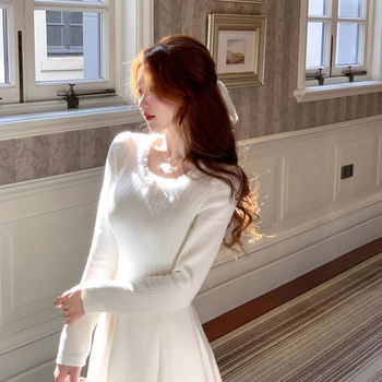 Rochie cu mâneci lungi, guler rotund, talie elastică, țesătură plasă, lungime medie-lungă