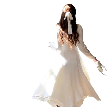 Rochie cu mâneci lungi, guler rotund, talie elastică, țesătură plasă, lungime medie-lungă