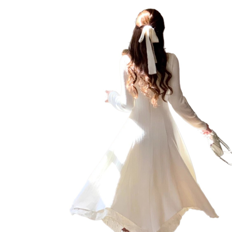 Rochie cu mâneci lungi, guler rotund, talie elastică, țesătură plasă, lungime medie-lungă