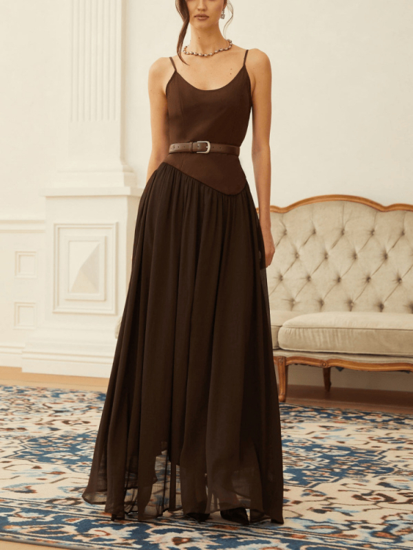 Μακρύ φόρεμα από πολυεστέρα με πάνελ συγκόλλησης, λαιμόκοψη σε σχήμα U, χωρίς μανίκια