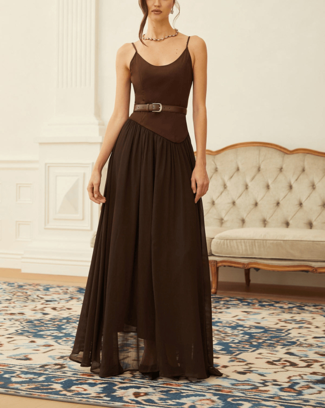 Μακρύ φόρεμα από πολυεστέρα με πάνελ συγκόλλησης, λαιμόκοψη σε σχήμα U, χωρίς μανίκια