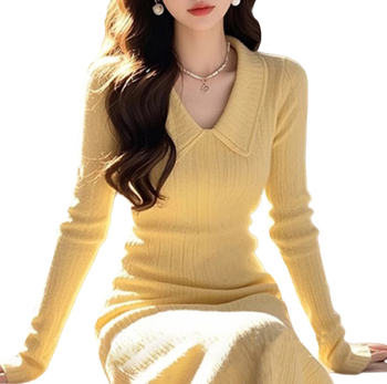 Rochie tricotată în stil coreean, guler polo, talie înaltă (Material tricot elastic; mâneci lungi; 30-50% poliester)