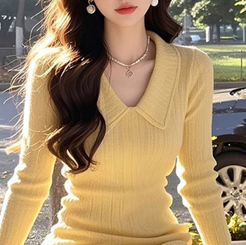 Rochie tricotată în stil coreean, guler polo, talie înaltă (Material tricot elastic; mâneci lungi; 30-50% poliester)