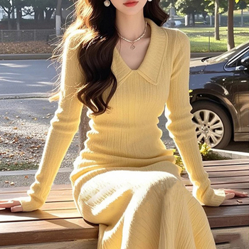 Rochie tricotată în stil coreean, guler polo, talie înaltă (Material tricot elastic; mâneci lungi; 30-50% poliester)