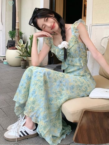 Rochie cu bretele, imprimeu floral, decolteu în V, lungă, din poliester