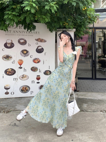 Rochie cu bretele, imprimeu floral, decolteu în V, lungă, din poliester