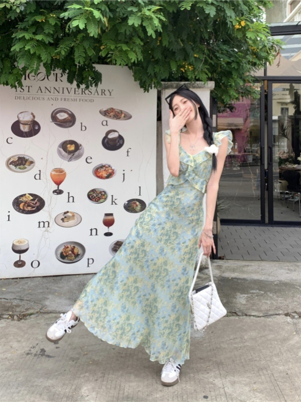 Rochie cu bretele, imprimeu floral, decolteu în V, lungă, din poliester