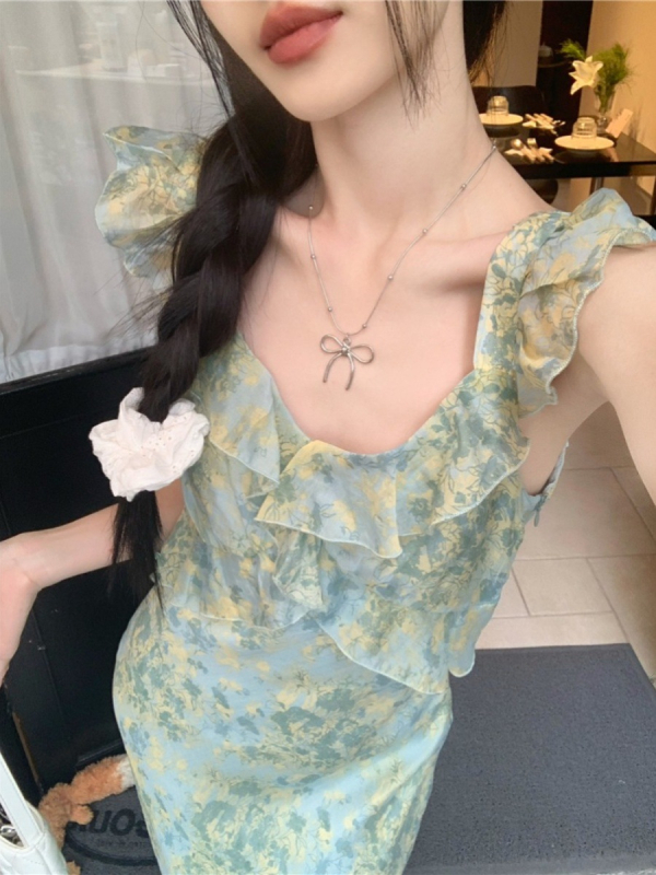 Rochie cu bretele, imprimeu floral, decolteu în V, lungă, din poliester