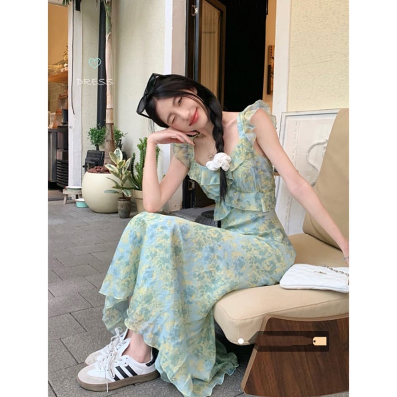 Rochie cu bretele, imprimeu floral, decolteu în V, lungă, din poliester